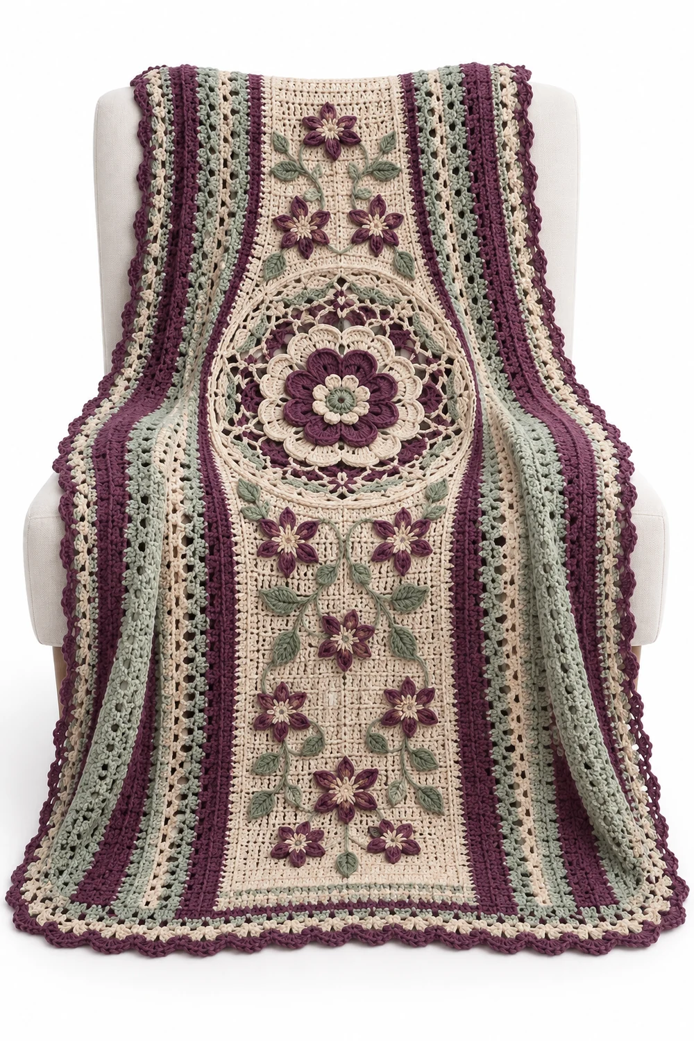Mulberry crochet throw with vertical clematis trellis panels