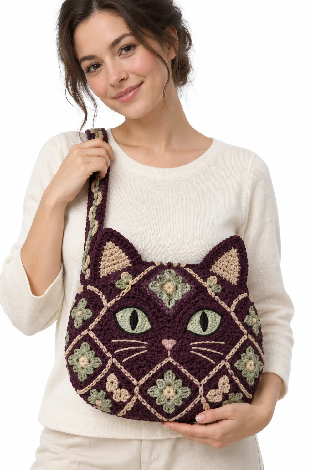 Mulberry crochet black cat pouch in folded kite tessellations