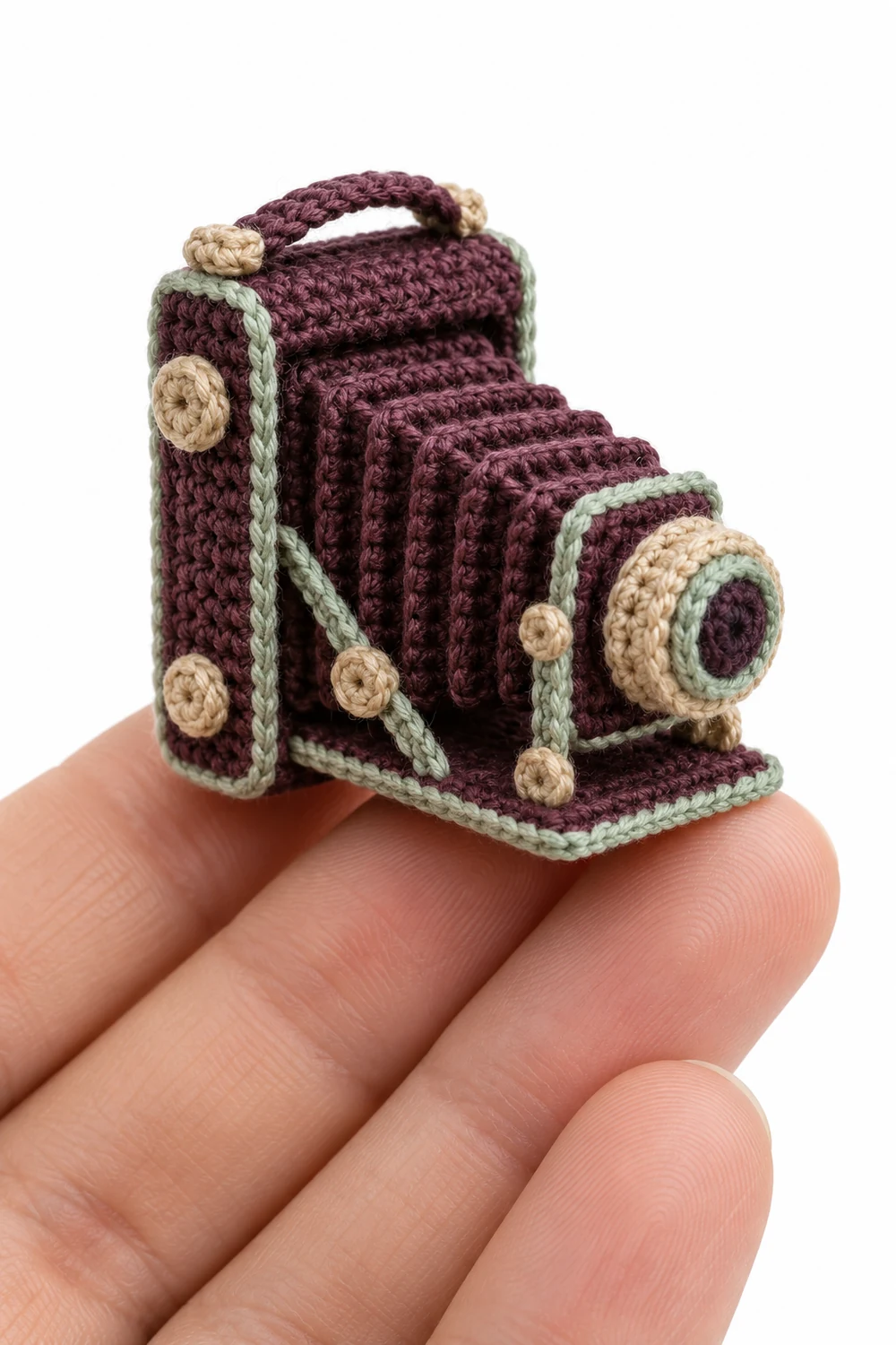 Mulberry miniature crochet vintage bellows camera with round yarn lens