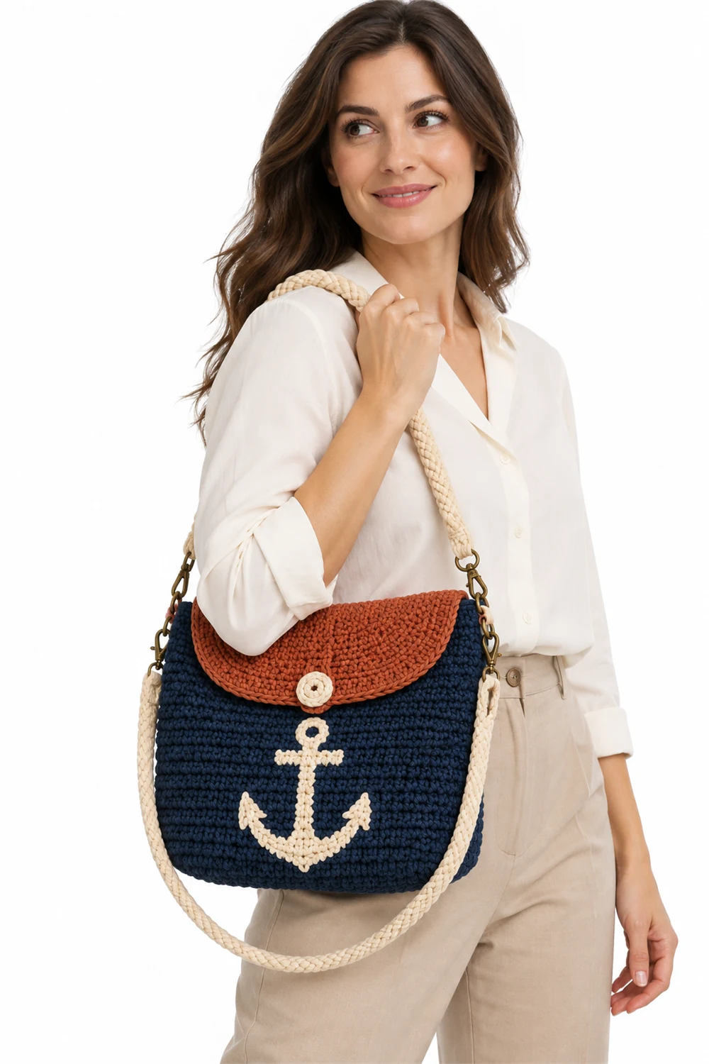 Navy crochet satchel with rope texture and anchor details