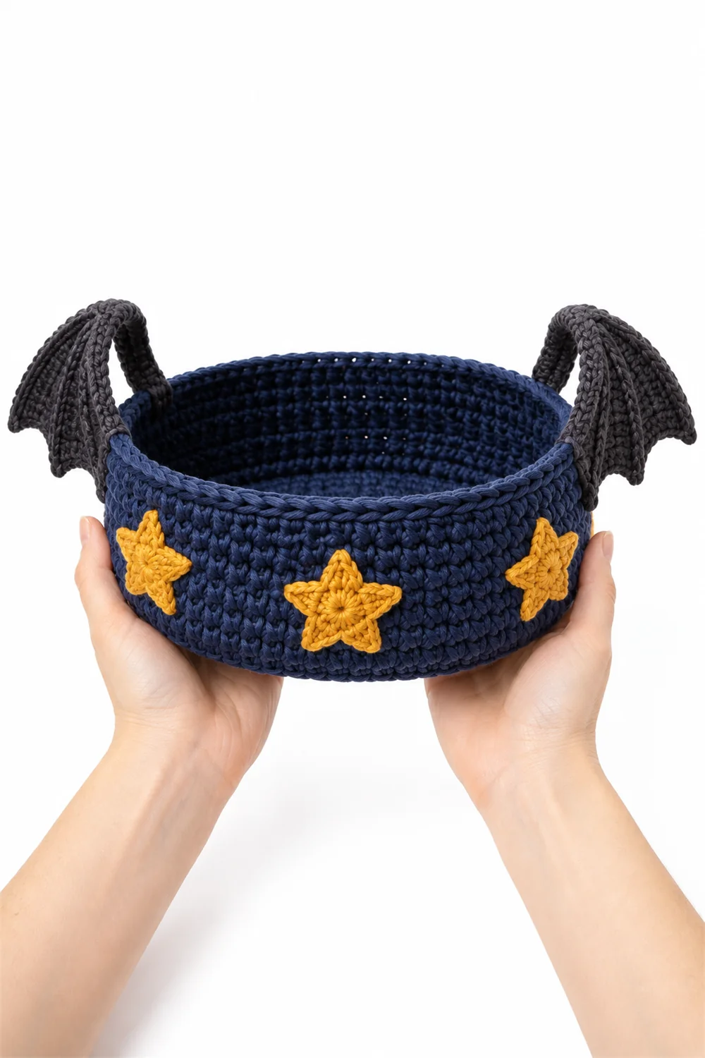 Navy blue crochet desk basket with bat details