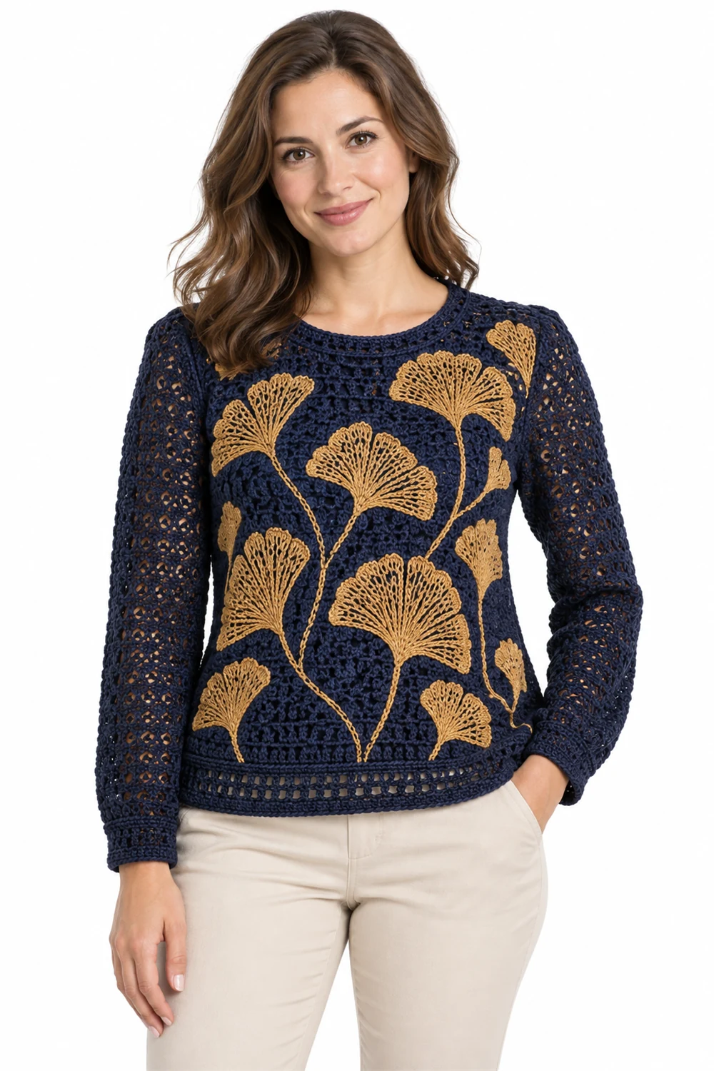 Navy crochet blouse with ginkgo leaf panels