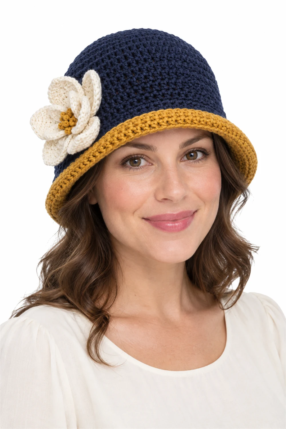 Navy crochet cloche hat with magnolia flower accent