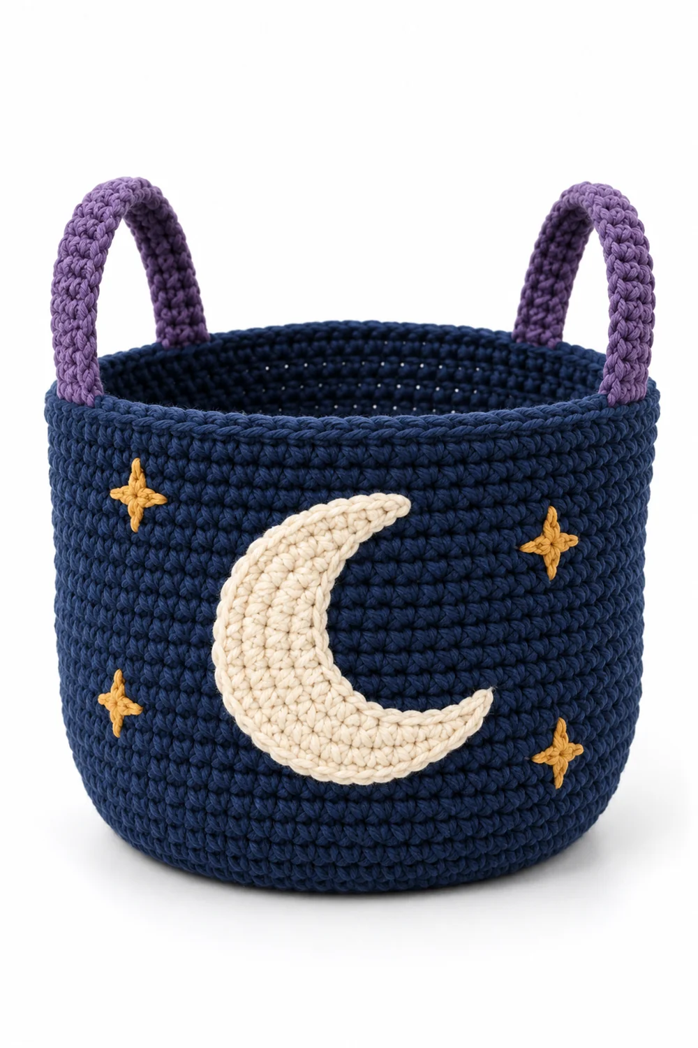 Navy blue crochet book basket with crescent moon motif
