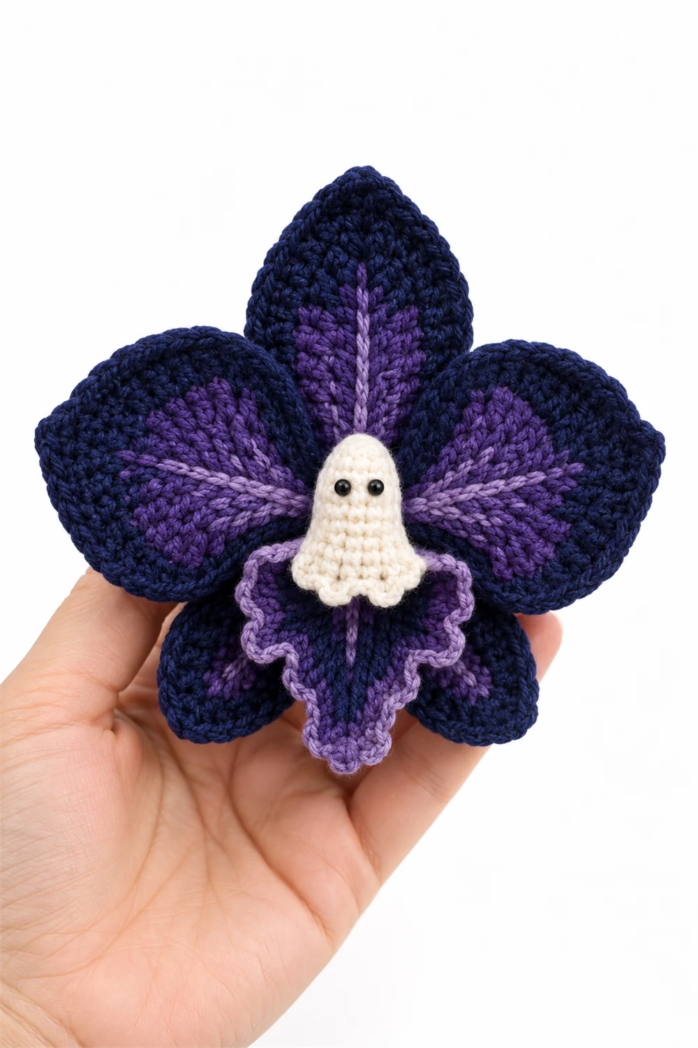 Navy crochet orchid brooch for Halloween styling