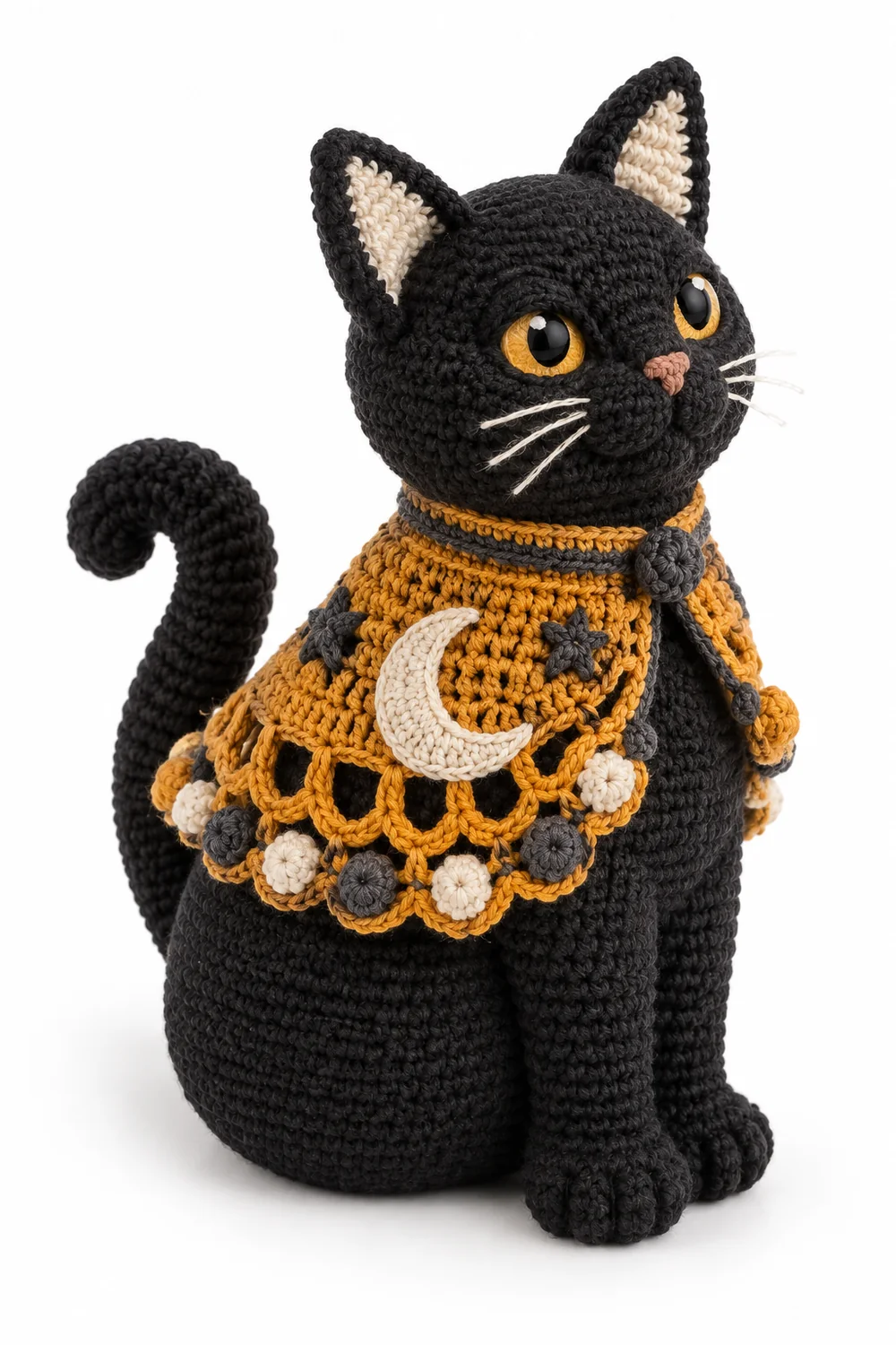 Ochre crochet black cat doorstop with bubble border texture