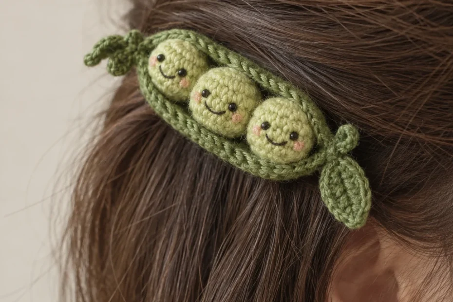 Green crochet pea pod hair clip with three smiling peas