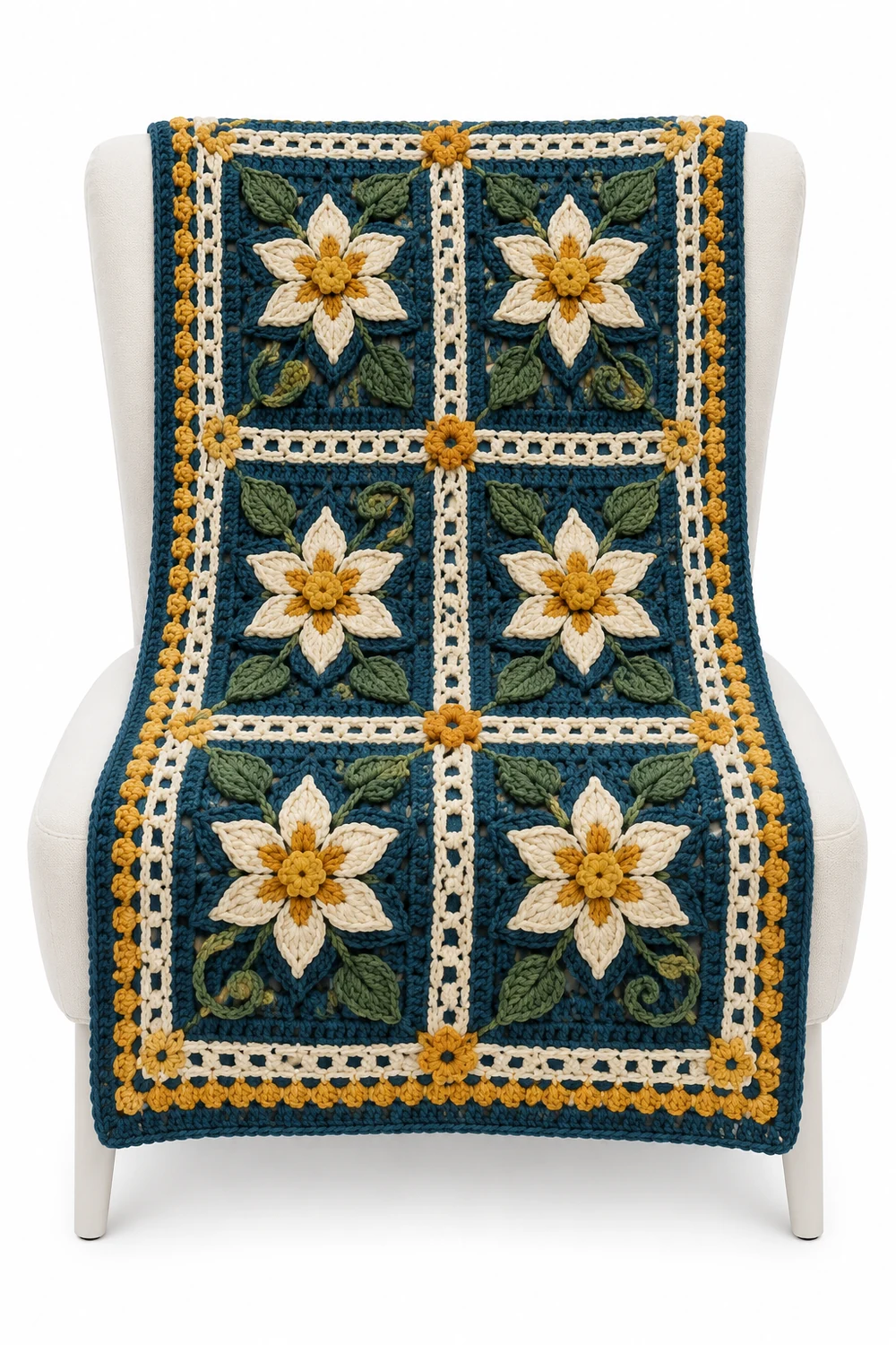 Petrol blue crochet throw with clematis star border