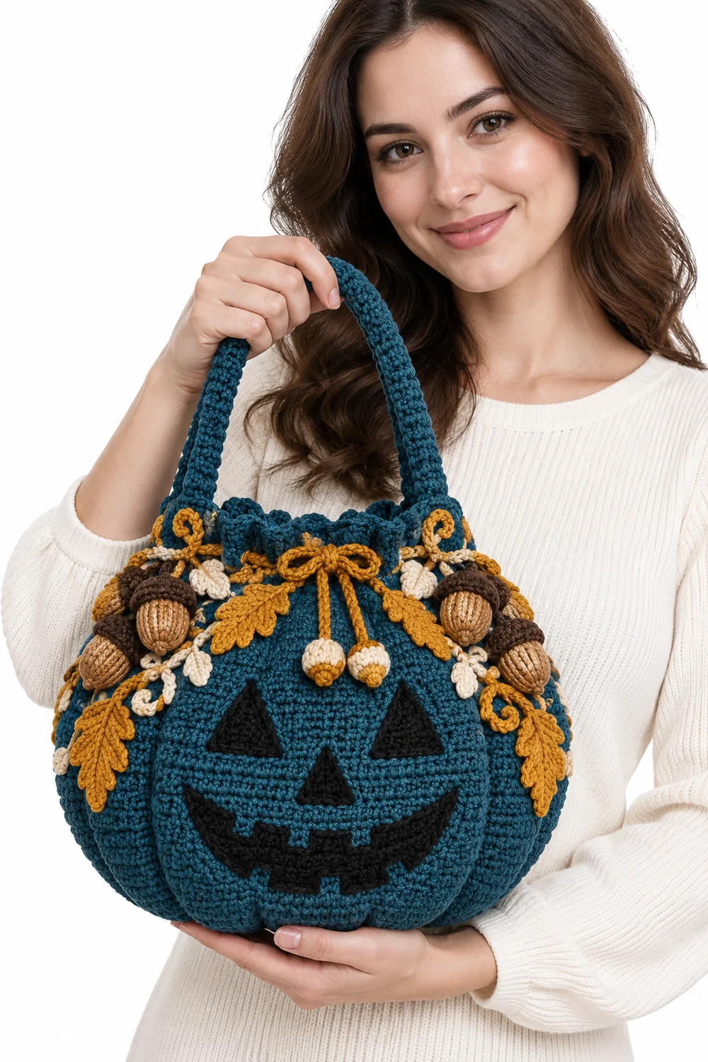 Petrol blue crochet pumpkin-shaped bag in fluted relief