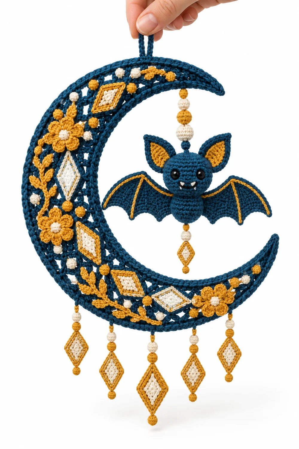 Petrol blue crochet bat and moon wall hanging in folded kite tessellations