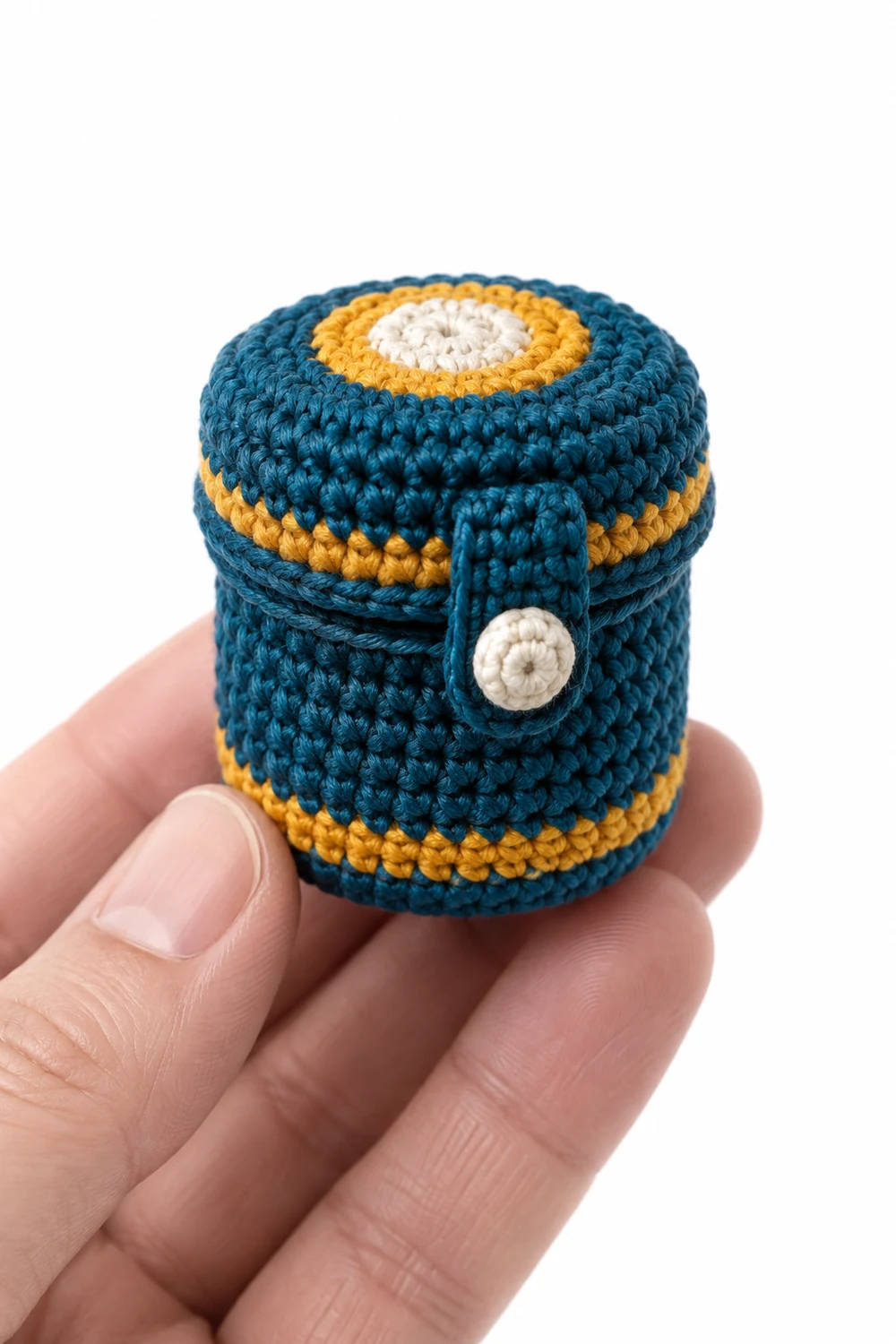 Petrol blue miniature crochet camera lens case with lid
