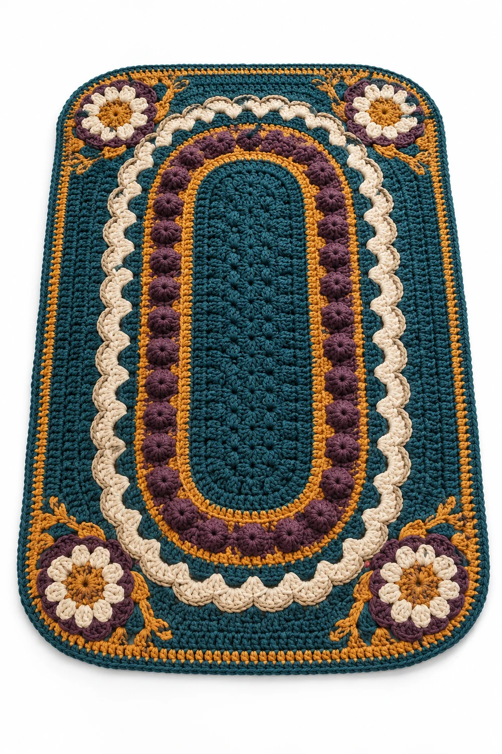 Petrol teal crochet rug with cobblestone mosaic corner medallions