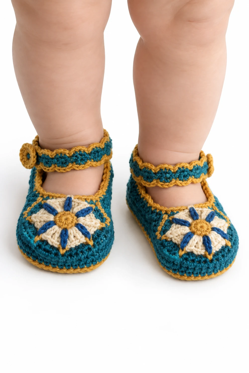 Petrol teal crochet baby Mary Jane shoes with scalloped straps
