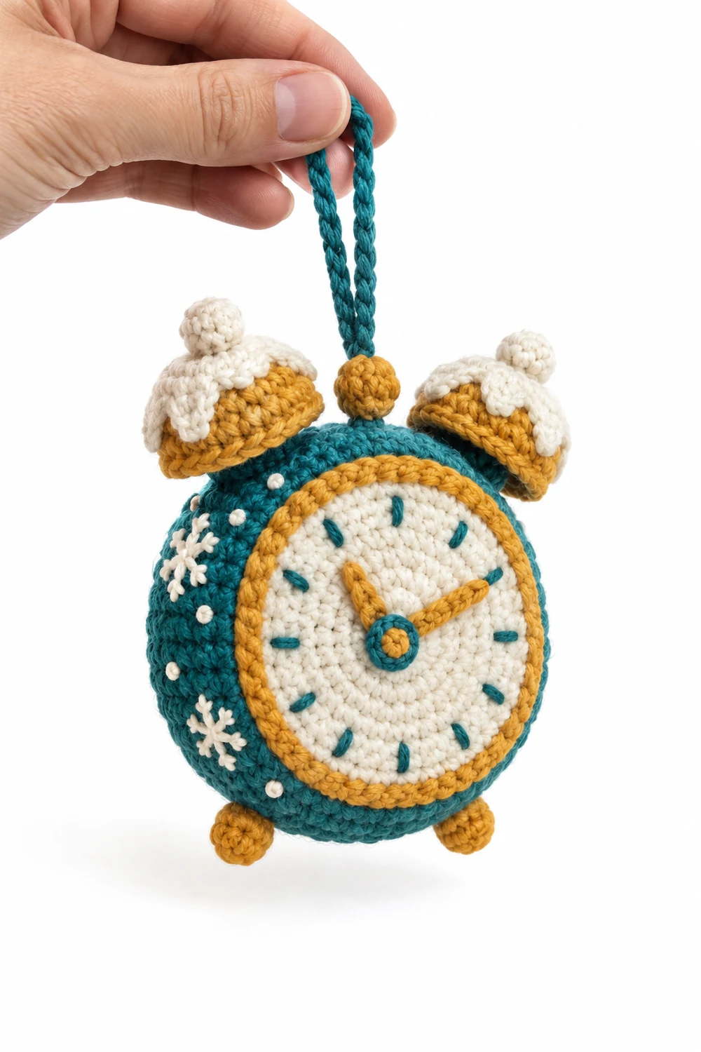 Petrol teal crochet alarm clock ornament with snowy bells