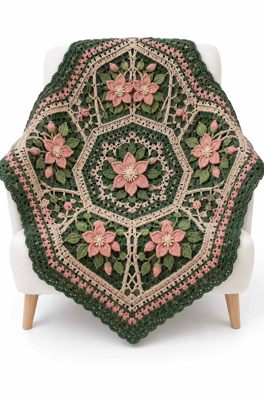 Pine green crochet blanket made of clematis star hexagon motifs