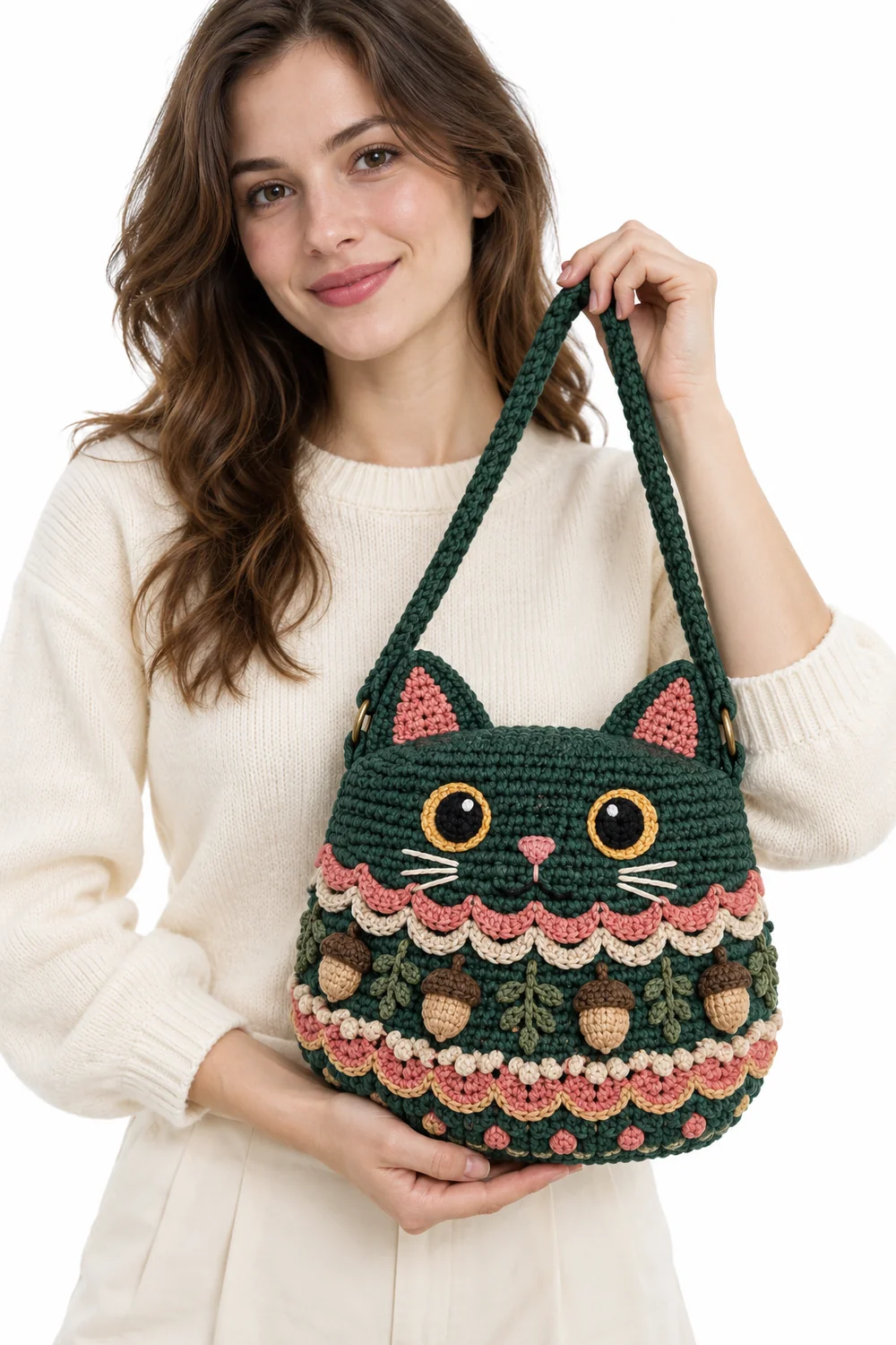 Pine green crochet pouch with black cat design in fluted relief
