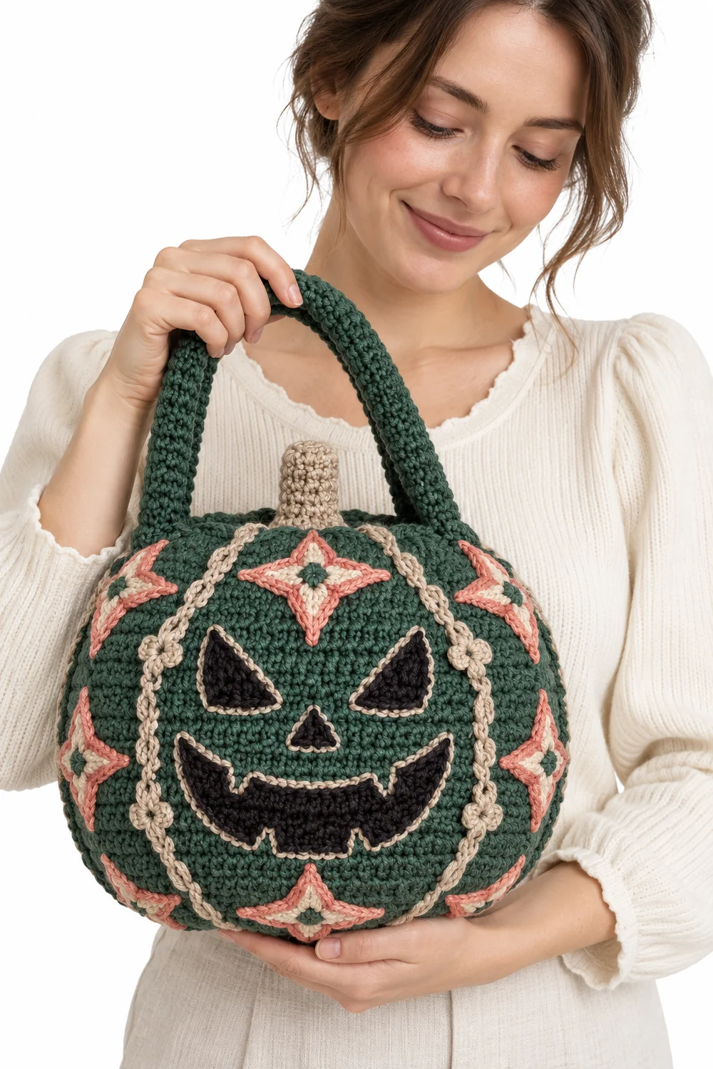 Pine green crochet pumpkin bag in folded kite tessellations