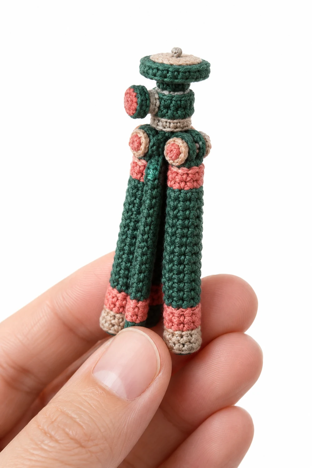 Pine green miniature crochet camera tripod with three soft folded legs