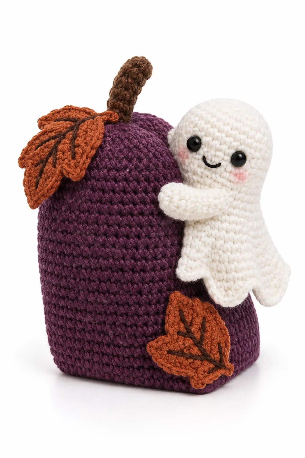 Plum purple crochet ghost bookend for Halloween bookshelf