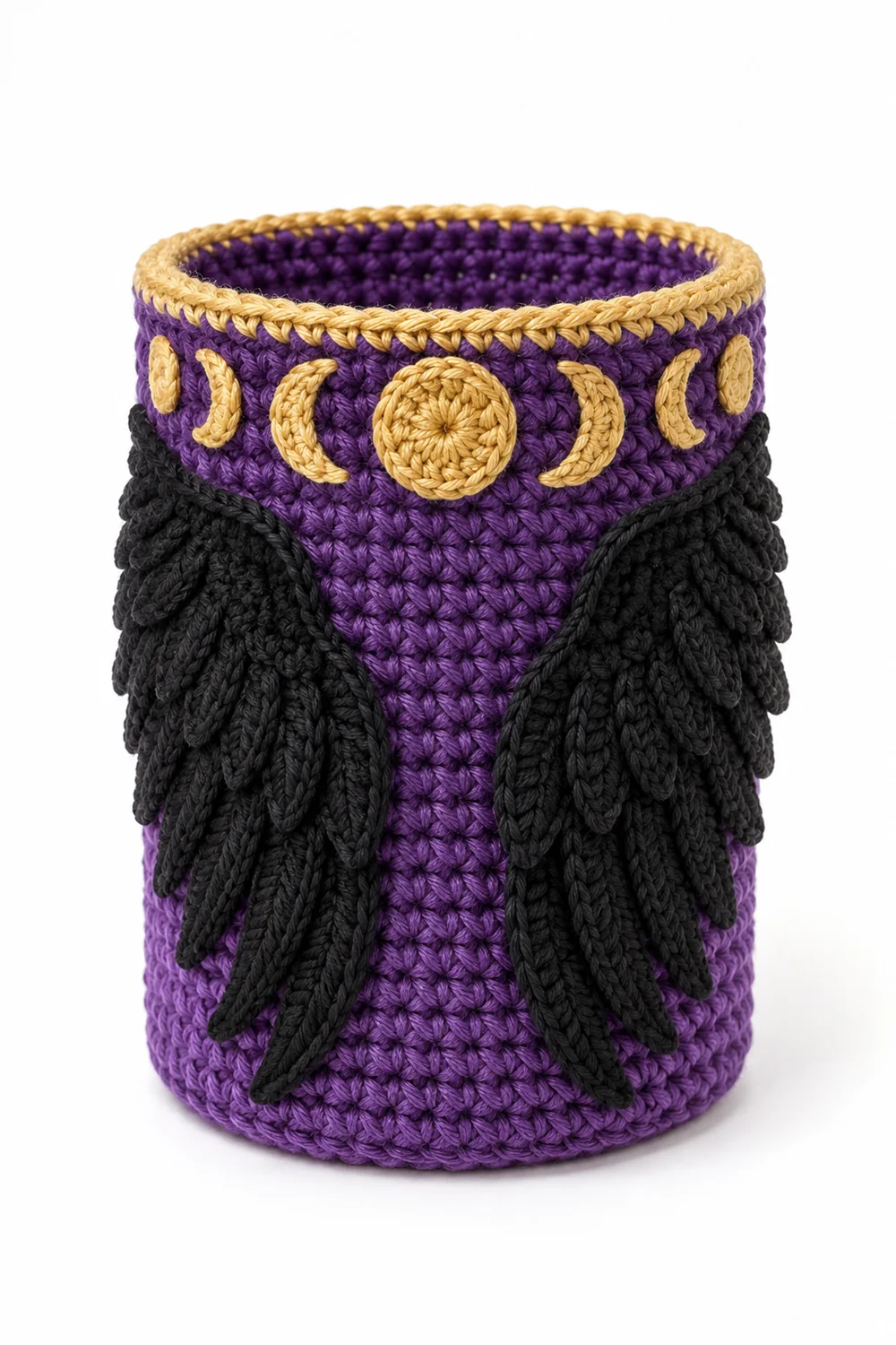 Purple crochet pencil cup with raven motif
