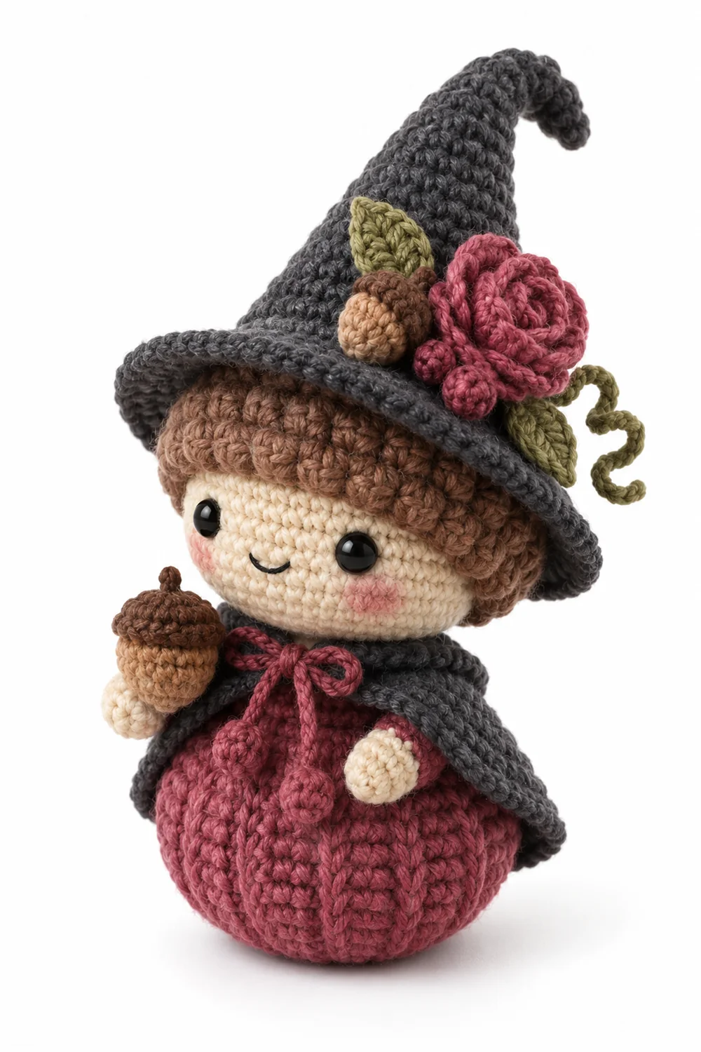 Rose pink crochet witch figure with acorn cap hat
