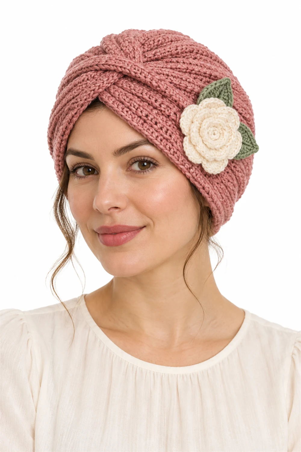 Rose pink crochet turban hat with camellia flower