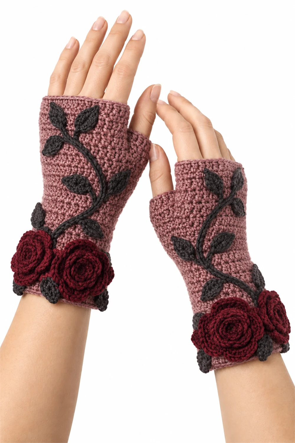 Crochet fingerless mitts with thorn vine and rose pattern