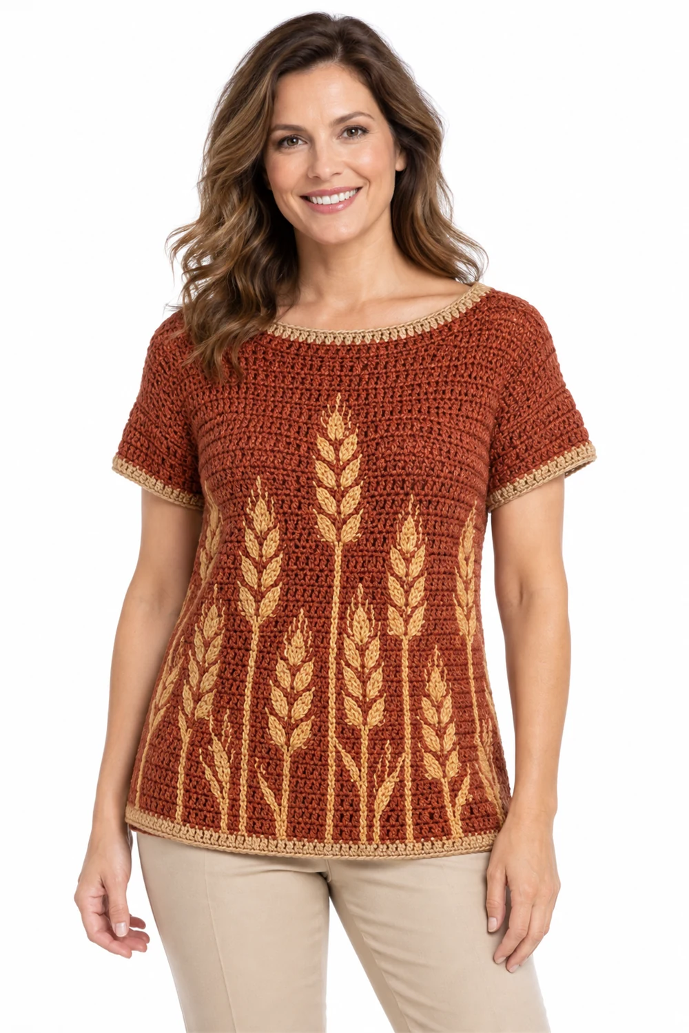 Rust crochet tunic with wheat ear pattern