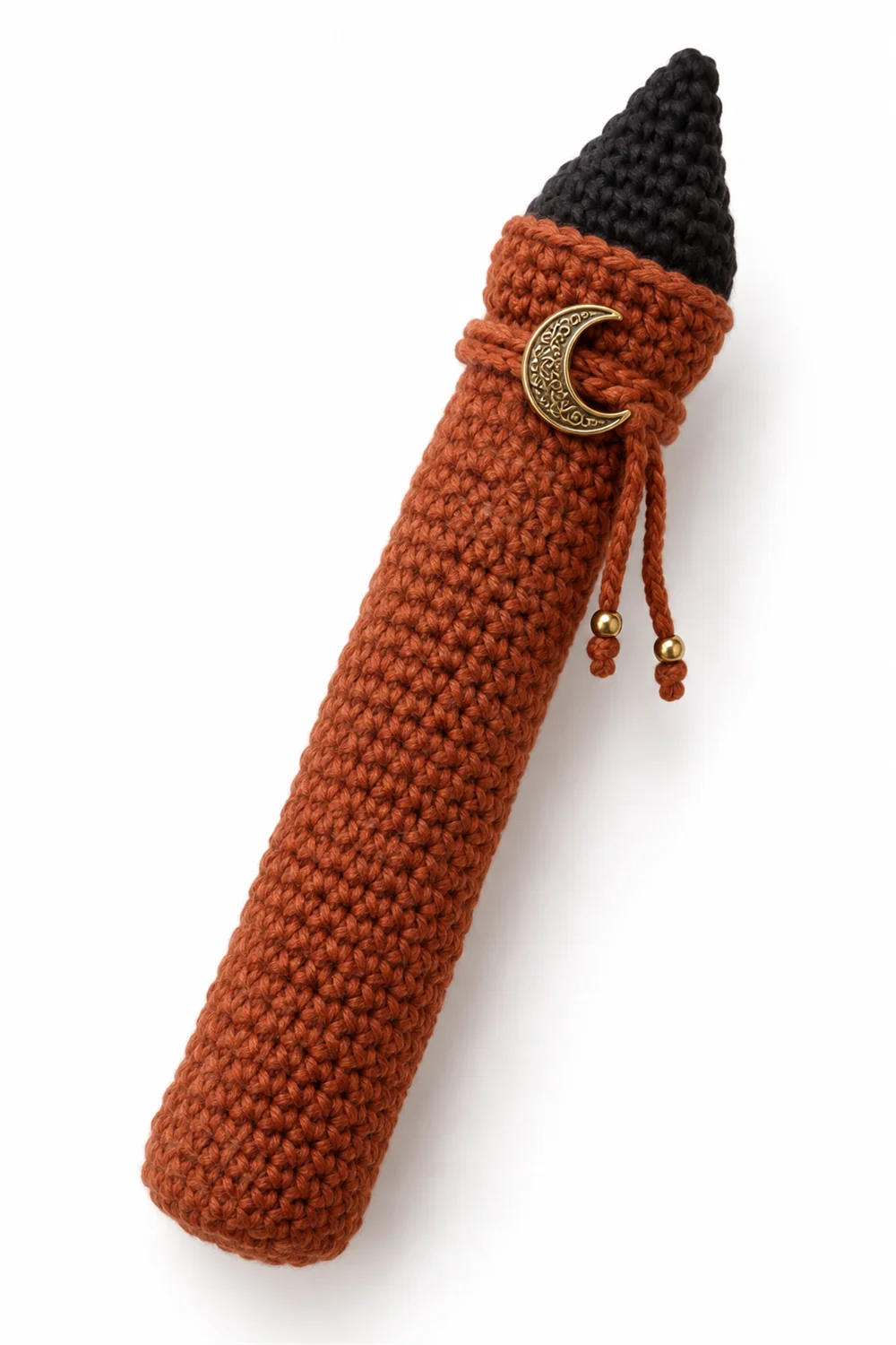 Rust orange crochet cylindrical scroll case with witchy style