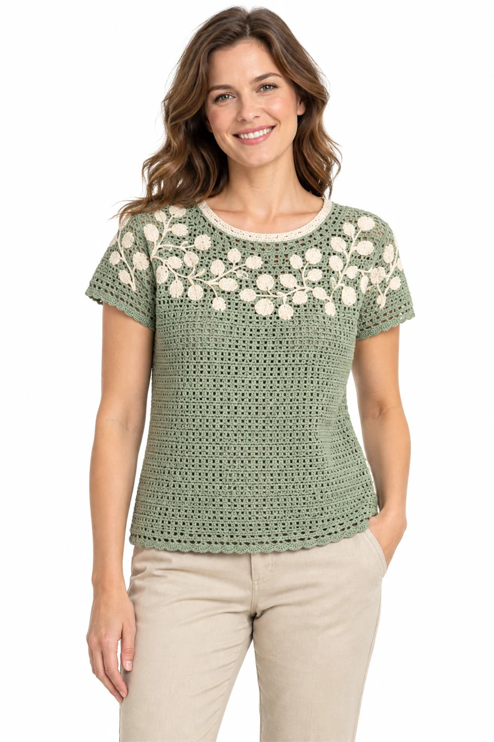 Sage crochet blouse with eucalyptus yoke detail