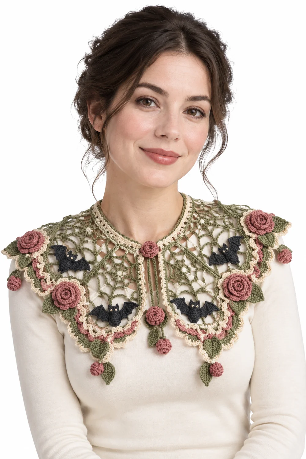 Sage green crochet spiderweb collar with small bat appliqués