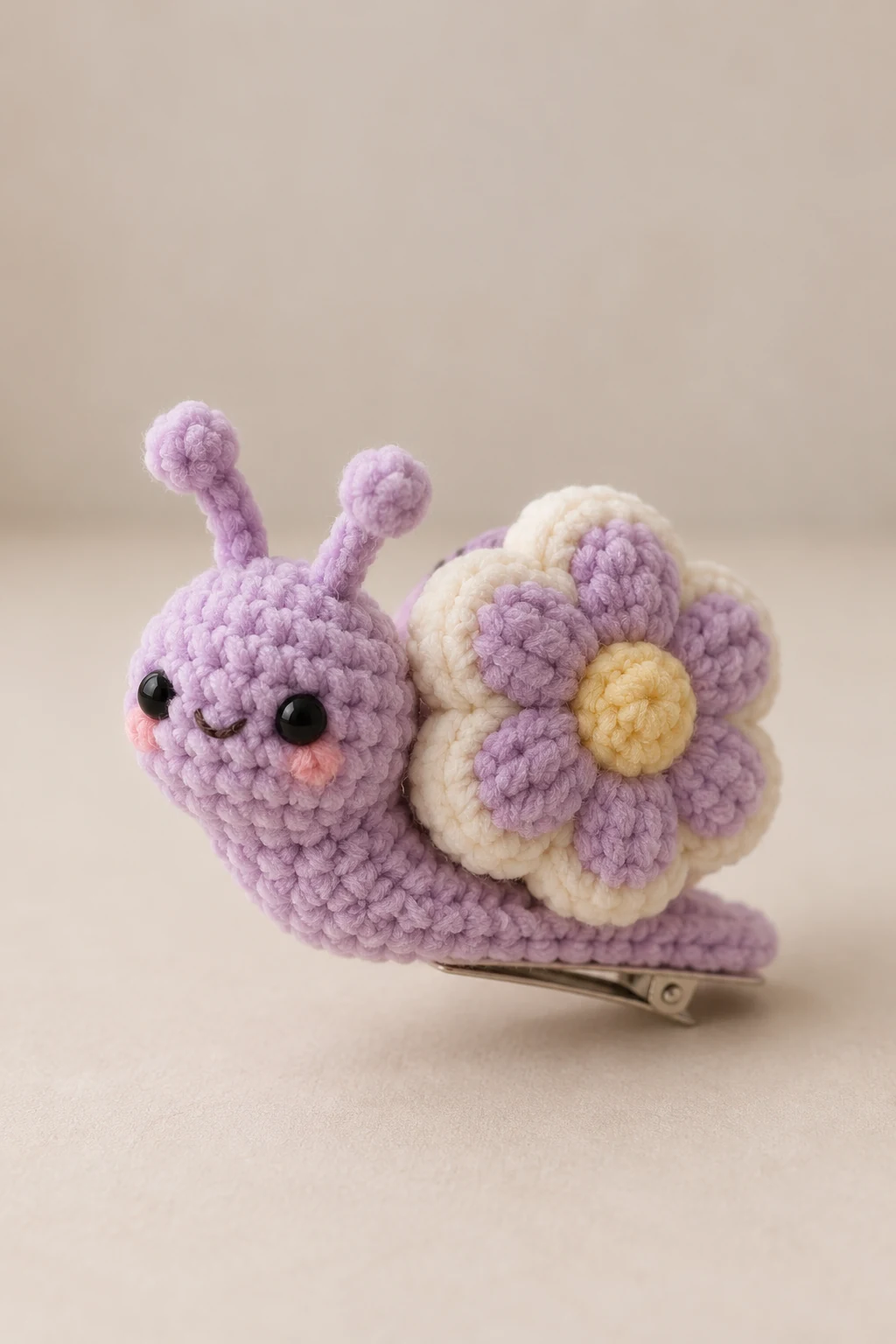 Lilac crochet snail hair clip with flower-shaped shell