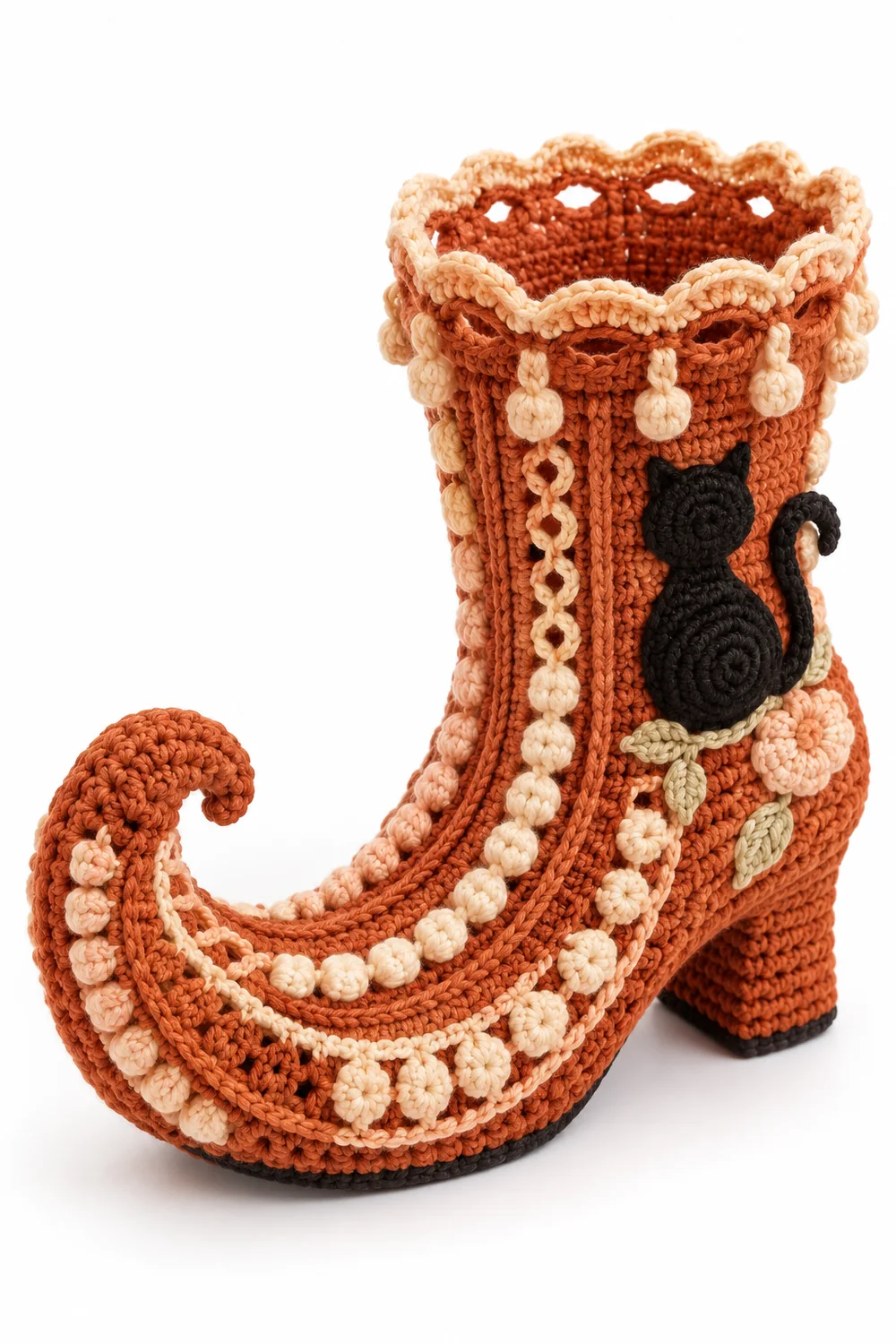 Terracotta crochet witch boot-shaped yarn storage basket